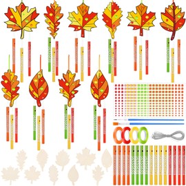 GlikCeil 128 Pcs Fall Wind Chime Kit Make You Own Maple Leaf Wind Chimes DIY Kit Coloring Fall Craft Wooden Hanging Ornaments for Art Project Autumn Thanksgiving Activity Party Decoration