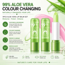 Magic Colour Changing Lip Balm,3pcs Aloe Vera Moisturizing Lipstick, Temperature-reactive pH Lip Tint,Long-lasting, Crack-resistant Lip Balm forChapped Lips,Dry Lips -Hydrating, Soothing & Repairing