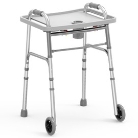 Loyoda Folding Walker with Tray, 5" Wheels Lightweight Walkers for Seniors and Adults, Supports Up to 350 Pounds, Adjustable Height, Compact Standard Walker, Silver