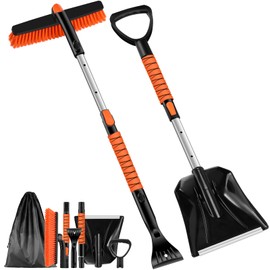 Odoland Ice Scraper with Snow Brush and Snow Shovel, 35" Extendable Snow Remover with Foam Grip, 360° Pivoting Brush Head for Car Windshield, Emergency Snow Scraper for SUV Truck Vehicle, Orange