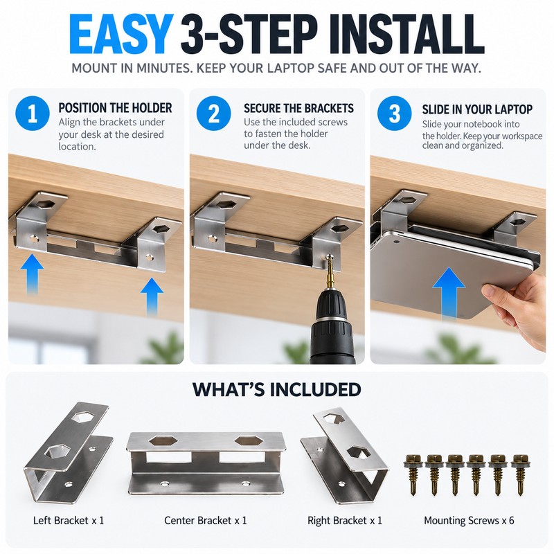 Under-Desk Laptop Holder for Storage – Screw-Mount Bracket Set for