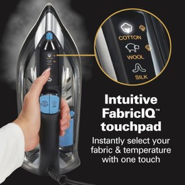 Hamilton Beach Steam Iron for Clothes & Garment Steamer with Intuitive FabricIQ Touchpad, Durable Stainless Steel Soleplate, 3-Way Auto Shutoff, 1800 Watts, 350ml Water Tank, 10' Cord, Black (14950)