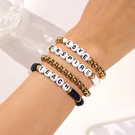 RINHOO FRIENDSHIP Teacher Bracelet Jewelry For Women Love Teach Inspire Beaded Little Words Project Stackable Bracelet Set Back To School First Day Of School Teacher Gifts (Black 1)