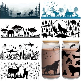 UV DTF Cup Wrap Sticker - 8 Sheets Animal UV DTF Transfer for 16 OZ Glass, Black Forest Style, Wolf, Deer, Giraffe, Elephant, Shark Design Rub on Transfer, Gifts for Students, Adults
