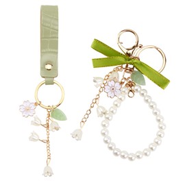 2 Pcs Lily of The Valley Flower Key Chains, Green Ribbon Forest Cute Keychains, Women's Leather Key Rings, Anti-Lost Pearl Pendant for Women And Girls for Car Keys Handbags Clothing