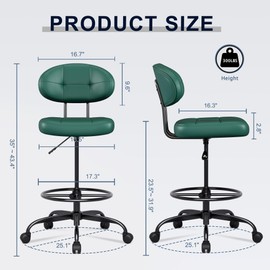 Misolant Drafting Chair, Armless Tall Office Chair with Footrest Ring for Standing Desk, Small Faux Leather Executive Computer Chair with Adjustable Height for Bar Lab Counter Height Desk, Green