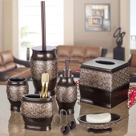 Creative Scents Dublin Brown Bathroom Accessories Set - 6-Piece Bathroom Set Includes: Toilet Bowl Brush, Tissue Box Cover, Decorative Soap Dispenser, Soap Dish, Tumbler and Toothbrush Holder