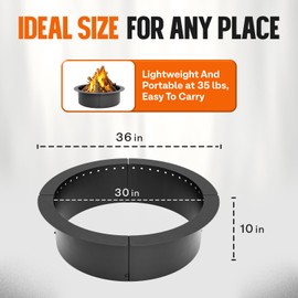 IDZO Fire Pit Ring 36 Inch Outer, 30 Inch Inner Diameter with Venting Holes for Smokeless Experience, 10 Inch Height Steel Fire Pit Insert, Heavy Duty Metal, Ideal for Outdoor or In-Ground Use