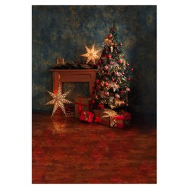 Allenjoy 5x7ft Vinyl Vintage Christmas Tree Backdrop Rustic Wall Sparkle Stars Winter Holiday Xmas Photography Background for Portrait Pictures Family Party Decorations Photo Booth Studio Props