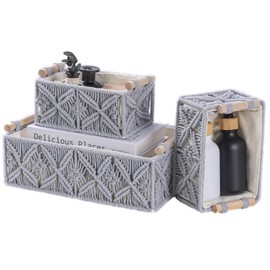 VinneGenzz Macrame Storage Baskets Handmade Boho Decor Box Natural Cotton Rope Woven Bins with Wood Handles Decorative Countertop Toilet Tank Shelf Cabinet Organizer Home Cubes - Set of 3, Gray