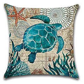 7COLORROOM 2Pack Beach/Coastal Throw Pillow Covers Sea Turtle/Sea Horse Cushion Cover Sea Theme Decorative Cotton Linen Pillowcases 20" x 20"，for Sofa,Patio,Bedroom(Multi')