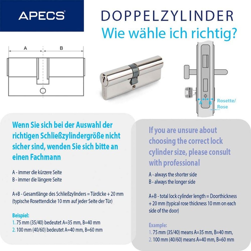 Apecs Cylinder Lock Profile Cylinder 30/70 mm for Door Lock