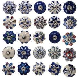 Ajuny Set of 25 Ceramic Knobs Colorful Blue for Kitchen Cabinets Bathroom Cupboards Dresser Drawers Chest Handmade Pottery Decorative Knobs