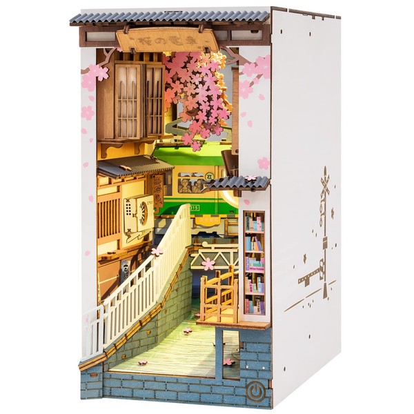 ROBOTIME Wooden Book Nook Dollhouse Kit,DIY Wall Hanging Miniature Room, Puzzle House Model Building Kits with LED Lights, Home, Bookshelf Decor (Sakura Densya)
