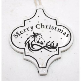Horse Merry Christmas Ornament Barn Gift Porcelain Tile 4" Fancy Holiday White