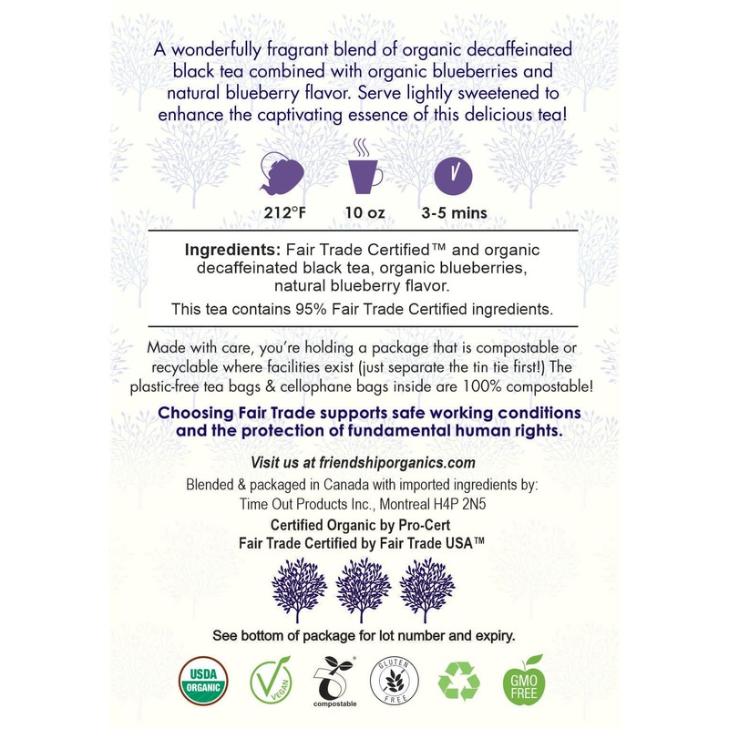 Friendship Organics Blueberry Decaf Tea Bags, Organic and Fair Trade