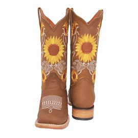 Women’s Square Toe Leather Cowgirl Cowboy Boot Sunflower Floral Embroidered Western Boots (9, Tang)
