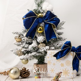 Ribbli Royal Blue Velvet Wired Ribbon 2.5 Inch Metallic Blue Gold Crushed Velvet Christmas Ribbon for Gift Wrapping Christmas Tree Decoration Crafts Wreaths Supplies-Continuous 10 Yards