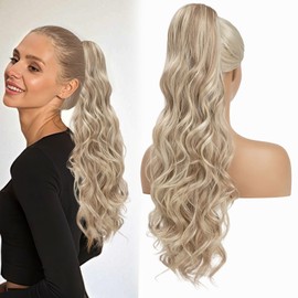 GWAWG Ponytail Extension, Pferdeschwanz Haarverlängerung mit Kamm Clip Gummiband, Voluminöses Weiches Haarteil Echthaar locken für Frauen, Haarteile für Dünnes Haar 60 cm (Aschblond)