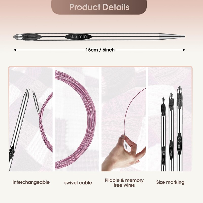 J10/6mm Interchangeable Tunisian Crochet Hooks Set with Cable 24" Aluminum