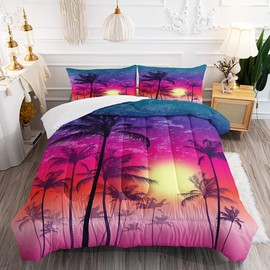 Tropical Sunset Palm Tree Comforter Set for Kids and Adults, Queen Size Sunset Dreamy Dusk Warm Quilt Bedspreads with 2 Exotic Twilight Scenery Pillowcases - 90" x 90" (Queen, Blue)