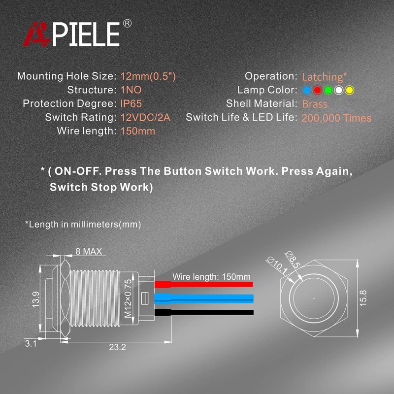 APIELE (Pcs of 2) 12mm Momentary Push Button Switch High