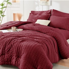HYMOKEGE Burgundy King Size Comforter Set Seersucker 7 Pieces, All Season Luxury Bed in a Bag for Bedroom, Bedding Set with Comforters, Sheets, Pillowcases & Shams