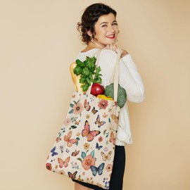 Louise Maelys Butterfly Floral Canvas Tote Bag For Women with Zipper Pocket