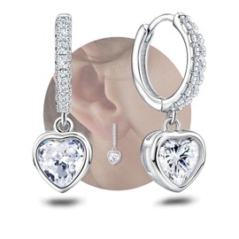 Heart Hoop Earrings with Dangle Sterling Silver Love Heart-Shaped Earrings Trendy Hypoallergenic Cubic Zirconia Hoop Earrings with Dangling Charms Dainty Fashion Loop Earrings for Women Gifts