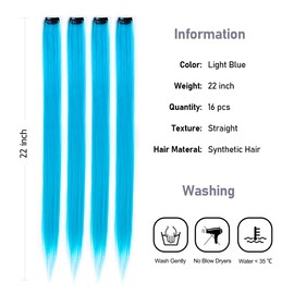 KGBFASS 16Pcs Light Blue Clip in Hair Extensions Straight Synthetic Highlights Colored Party Hairpieces for Women Festival Daily Outfits Used 20 inch(Light Blue)