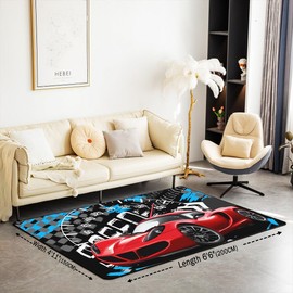 Jejeloiu Race Car Area Rug - 3x5 Speed Sports Car Accent Rug - Red Black Decorative Rug for Home Decor - Indoor Floor Mat