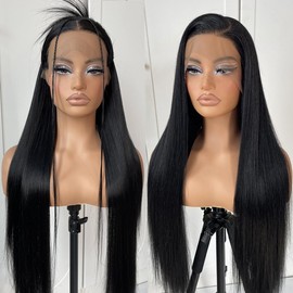 MITIMES 13x6 Long Straight Lace Front Wigs Natural Black Glueless Straight Hair Lace Front Wig Pre Plucked Yaki Synthetic HD Lace Front Wig 32inch
