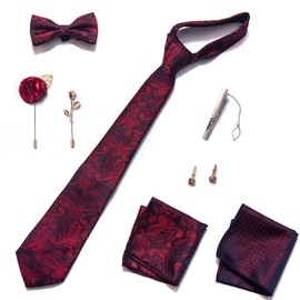 MOGU Men's Gift Tie Set Necktie Pocket Squares Tie Clips Cufflinks Bowtie Brooch Total 8pcs Pack Red Floral
