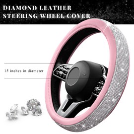 ZNDAW Diamond Leather Steering Wheel Cover, 15 Inch Bling Crystal Rhinestone Anti-Slip Wheel Protector, Universal Sparkling Elegant Diamond Steering Wheels Cover for Women Girl (White&Pink)