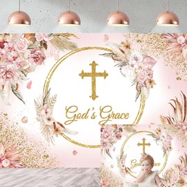 God Bless Backdrop Baptism Backdrop for Girls Baby Shower Party Decorations Pink Boho Flowers God's Grace Background First Holy Communion Christening Banner Photoshoot Props 7x5FT