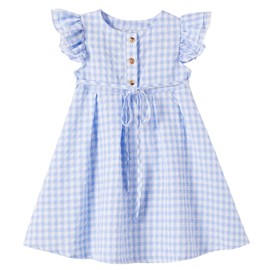 Beganly Little Girl's Flutter Sleeve Cotton Linen Dress Toddler Kids Double Ruffles Casual Dresses Plaid Blue 90