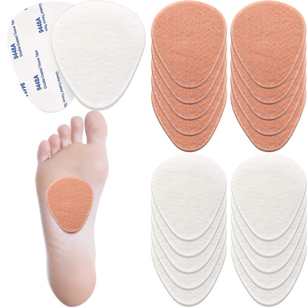 20 Pieces Metatarsal Felt Pads Foot Insert Pads Ball of Foot Cushion for Foot Pain Relief Forefoot and Sole Adhesive Foam Foot Pad for Men and Women 1/4 Inch Thick (White, Nude Color)