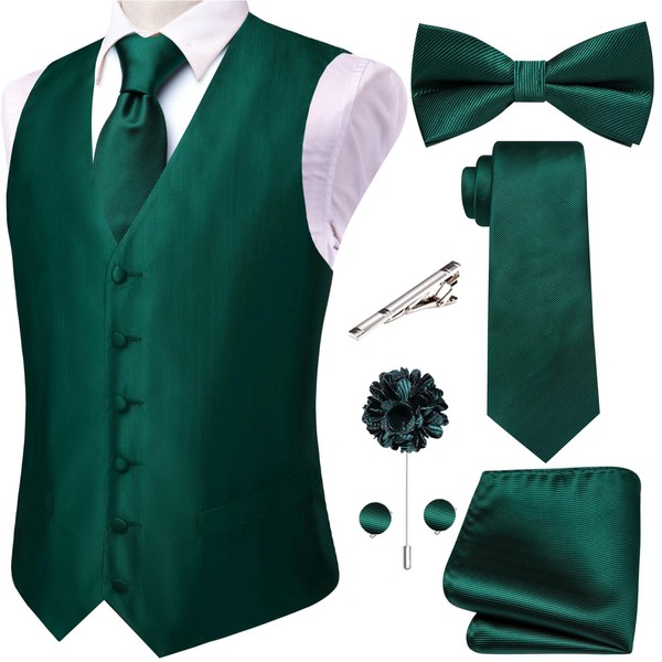 Hi-Tie forest Green Men Silk Vest Bowtie Set Formal Suit