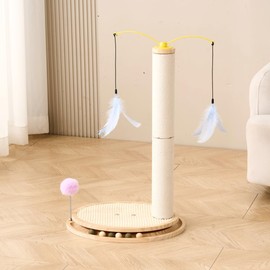 SHENGOCASE Cat Scratching Post Scratcher, 26 Inch Tall, Solid Wood Base,Sisal Rope, Interactive Ball Track and Spinning Wand Feather Toys, Scratch Pad