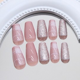 Press on Nails Coffin Short Fake Nails with Glitter Lattice Designs Pink False Nails Press ons Artificial Acrylic Nails Full Cover Glue on Nails Glossy Stick on Nails for Women 24 Pcs
