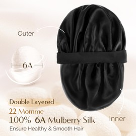 YANIBEST 22 Momme 6A Grade 100% Mulberry Silk Bonnet for Sleeping Women Double Layer Silk Sleep Bonnet with Tie for Long Curly Hair,Silk Sleep Cap Black