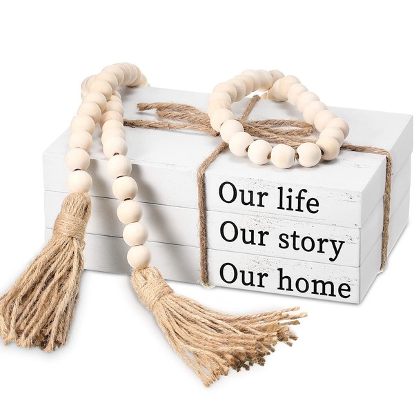 Jetec Decorative Display Books Hardcover, Faux Farmhouse Stacked for Coffee Tables Shelves with Wood Bead Tassels 58 Inch, 3 Pieces, White (Our Life, Our Story, Our Home)