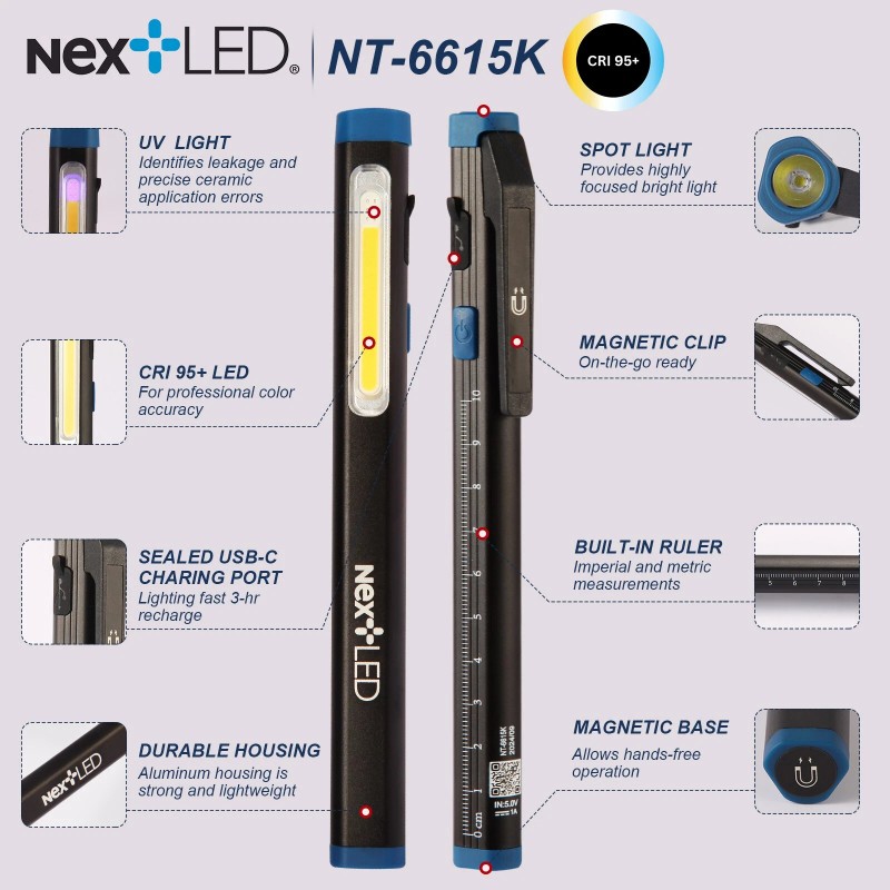 NextLED NT-6615K CRI95 Auto Detailing Pen Light, Rechargeable, Magnetic, 6000K