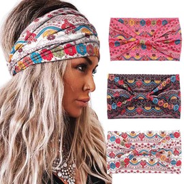Aceorna Boho Headbands Wide Knotted Hairbands Stretch Printed Head Bands Bohemia Head Wraps for Women 3 Pcs (Set P)