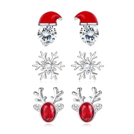 Finrezio 3 Pairs Christmas Earrings Silver Silver Stud Earrings for Women Girls Xmas Earrings Hypoallergenic Snowflake Reindeer Christmas Hat Earrings Gift for Christmas Birthday