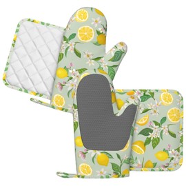 DYCBNESS Lemon Oven Mitts Pot Holders Set Silicone Lemon Paper Yellow Citrus Fruit Lemons Kitchen Oven Mitts Heat Resistant Potholders Non-Slip 4pcs Hot Pads and Oven Gloves Sets for Baking,Grilling