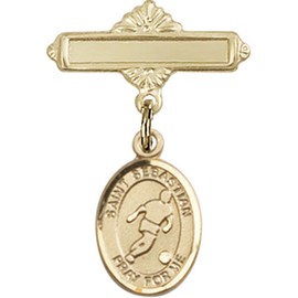 Gold Filled Baby Badge with St. Sebastian/Soccer Charm and Polished Badge Pin 1 X 5/8 inches