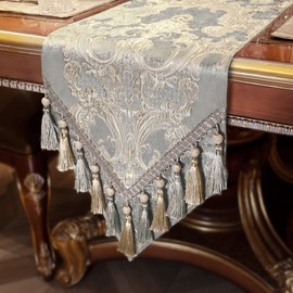 TOPLUXE Table Runner with Handmade Tassels, Damask Table Runner for Dining Room/Restaurant/Banquet/Festival Decoration (33x228cm, Light Grey)