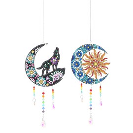 2Pcs Diamond Painting Wind Chimes Moon Diamond Painting Suncatcher, Double Sided Diamond Painting Ornament 5D DIY Rhinestone Art Hanging Pendant for Home Window Wall Garden Car Decoration
