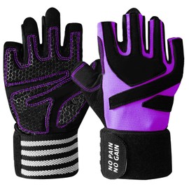 Weight Lifting Gloves Workout Gloves Women Men Crossfit with Wrist Wraps Support, Anti-Slip Grip Half Finger Gym Training Gloves for Exercise Biking (Purple, Medium)